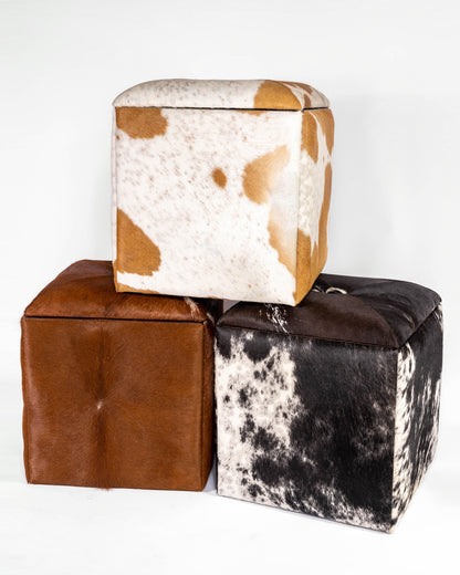 Cube Storage Ottoman- Brown & White Hide